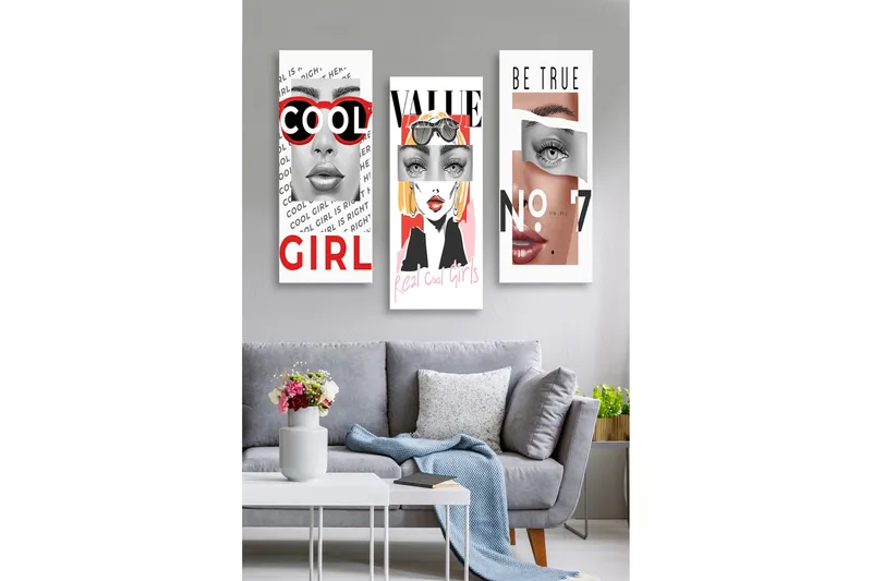 Trelerretsbilde 3-delt 50x70 cm - Stiliserte portretter av kvinner med moderne elementer, Rød / Svart / Hudtone