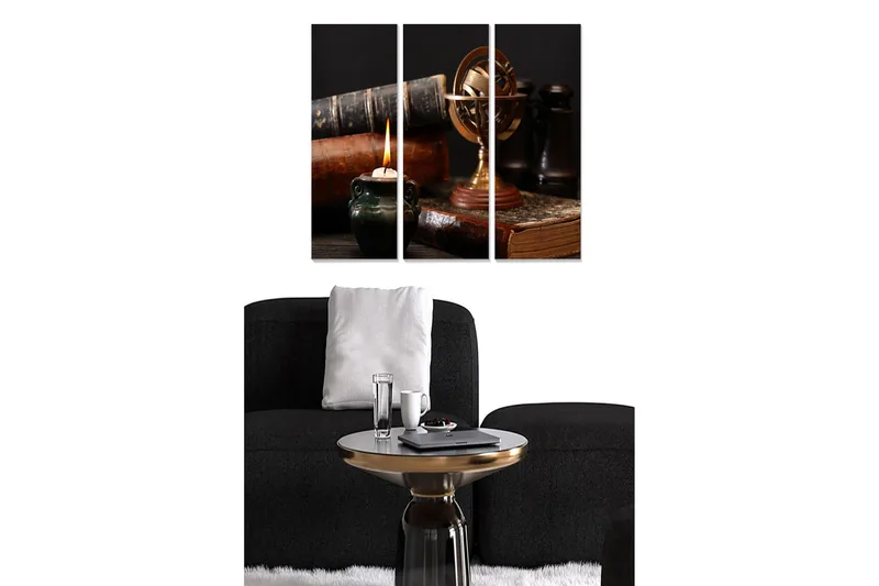 Trelerretsbilde 3-delt 50x70 cm - Stillhet med bøker, en globus og et tent lys, Mørk grønn / Brun / Gull