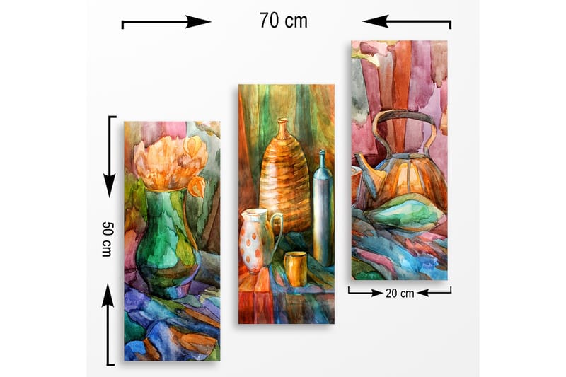 Trelerretsbilde 3-delt 50x70 cm - Stillhet med blomster og keramiske gjenstander i harmoniske farger - Grønn / Oransje / Blå - Innredning - Bilder & kunst - Lerretsbilder