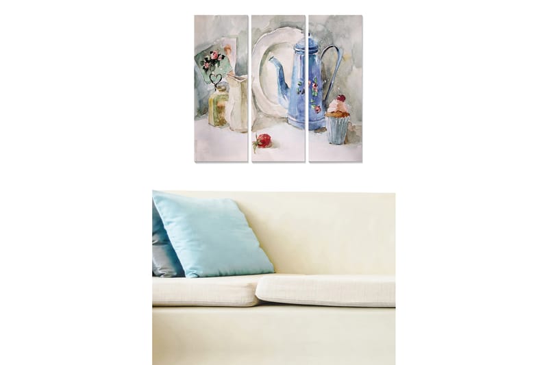 Trelerretsbilde 3-delt 50x70 cm - Stillhet med en blå kaffekanne og bakverk, Blå / Grønn / Beige