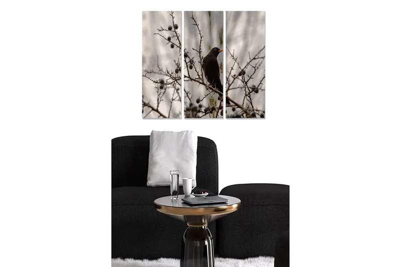 Trelerretsbilde 3-delt 50x70 cm - Svart fugl sitter på en gren med bær, Svart / Grå / Brun