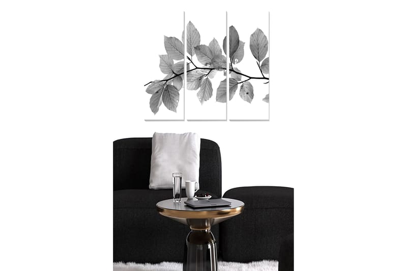 Trelerretsbilde 3-delt 50x70 cm - Svart-hvite blader på en gren, Svart / Grå / Hvit