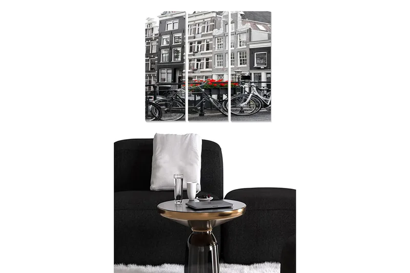 Trelerretsbilde 3-delt 50x70 cm - Svart-hvitt bybilde med sykler og røde blomster, Svart / Rød / Hvit