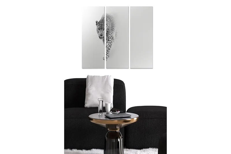 Trelerretsbilde 3-delt 50x70 cm - Svart og hvit leopard i bevegelse, Svart / Hvit