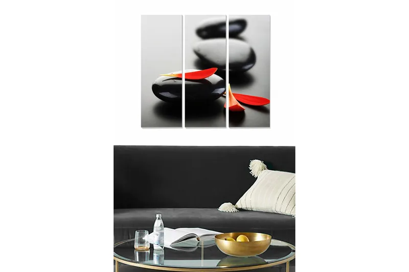 Trelerretsbilde 3-delt 50x70 cm - Svarte steiner med røde blomsterblader, Svart / Rød
