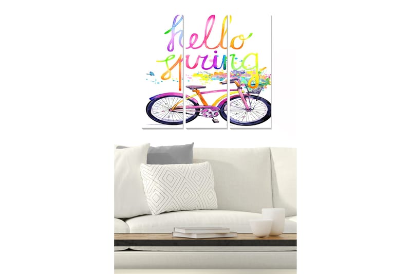 Trelerretsbilde 3-delt 50x70 cm - Sykkel med fargerik tekst hilsen vår, Rosa / Lilla / Gul