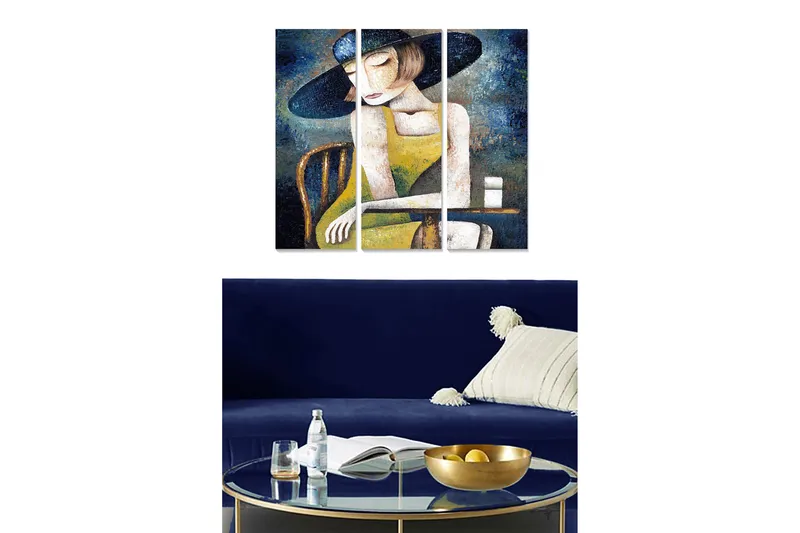 Trelerretsbilde 3-delt 50x70 cm - Tankfull kvinne med hatt i gul kjole, Mørk blå / Gul / Hvit