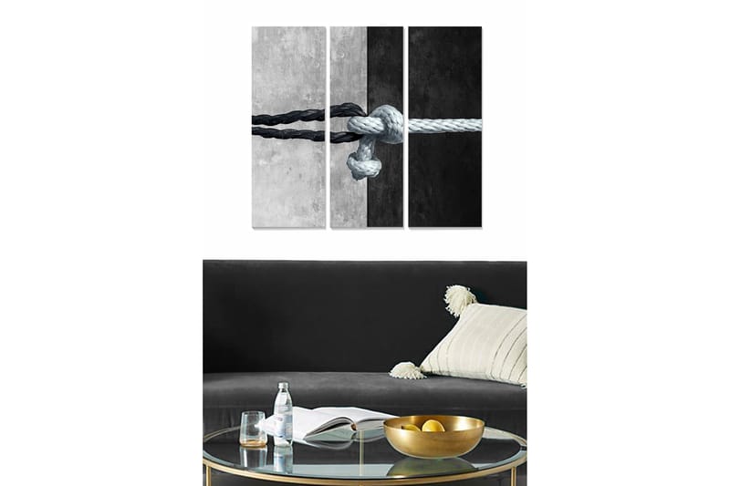 Trelerretsbilde 3-delt 50x70 cm - Tau-knute i kontrasterende svart og hvitt - Svart / Hvit / Grå - Innredning - Bilder & kunst - Lerretsbilder