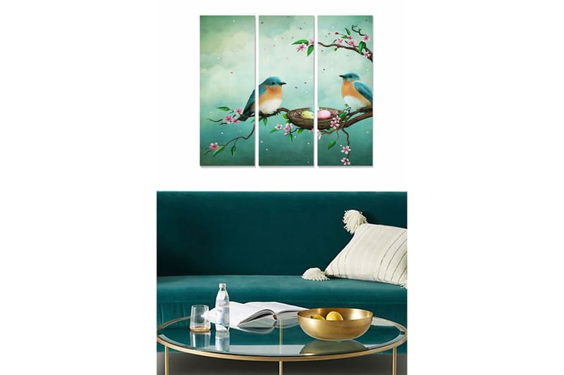Trelerretsbilde 3-delt 50x70 cm - To fugler på en gren med blomster og et fuglerede, Blå / Grønn / Rosa