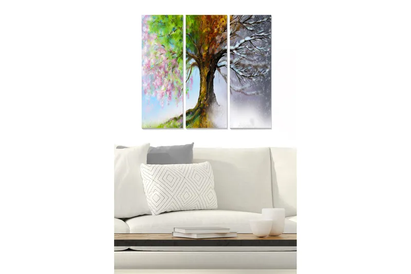 Trelerretsbilde 3-delt 50x70 cm - Trær i forskjellige årstider med blomstrende og bladløse grener - Grønn / Rosa / Brun - Innredning - Bilder & kunst - Lerretsbilder