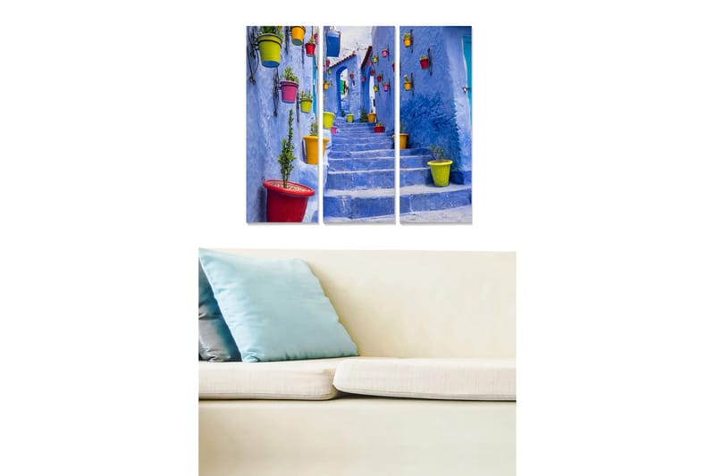 Trelerretsbilde 3-delt 50x70 cm - Trapper i en blå by med fargerike potter, Blå / Rød / Grønn