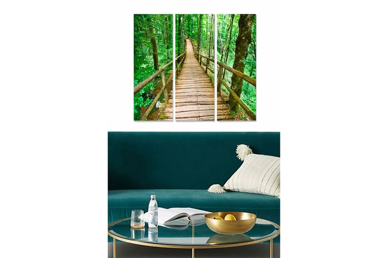 Trelerretsbilde 3-delt 50x70 cm - Trebro som fører gjennom en frodig skog, Grønn / Brun