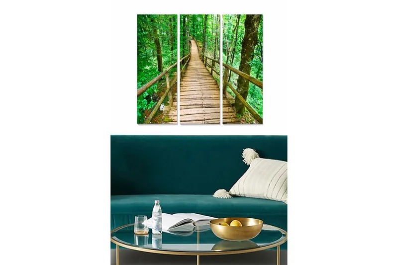 Trelerretsbilde 3-delt 50x70 cm - Trebro som fører gjennom en frodig skog, Grønn / Brun