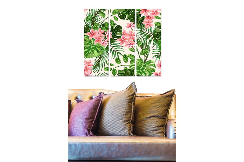Trelerretsbilde 3-delt 50x70 cm - Tropisk plantekomposisjon med rosa blomster og grønne blader, Rosa / Grønn