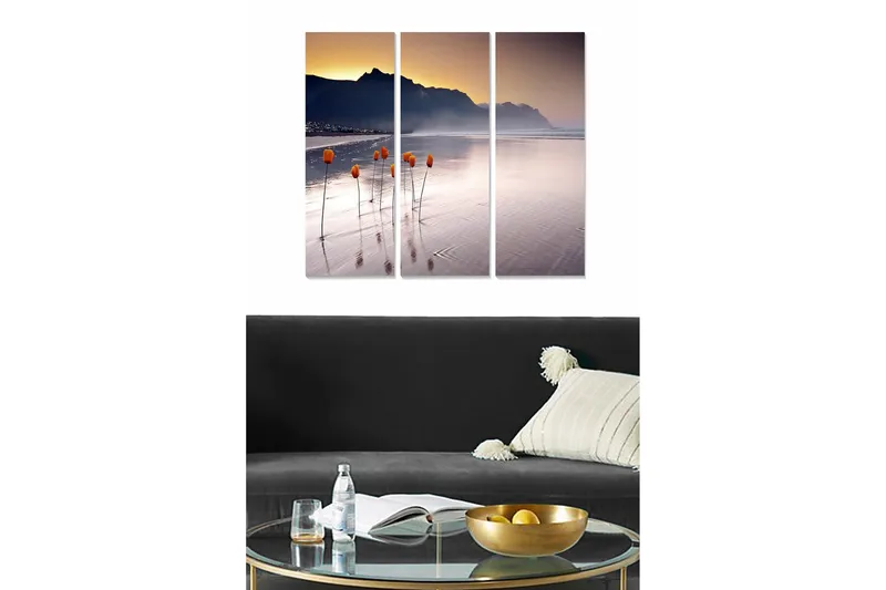 Trelerretsbilde 3-delt 50x70 cm - Tulipaner som vokser på en speilblank strand ved solnedgang - Oransje / Lilla / Grå - Innredning - Bilder & kunst - Lerretsbilder