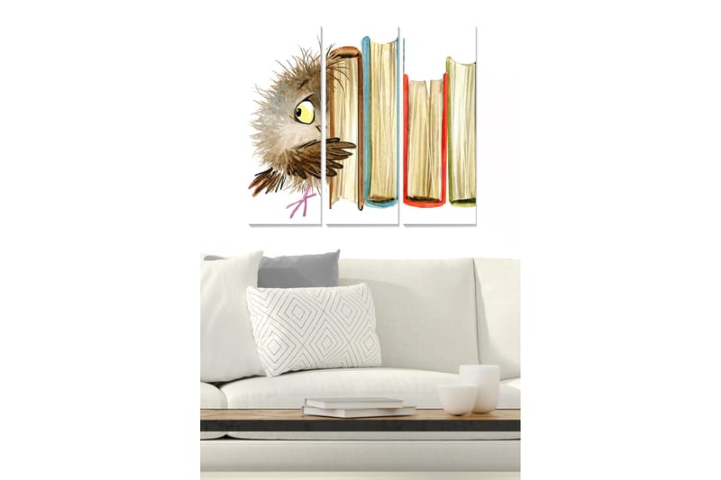 Trelerretsbilde 3-delt 50x70 cm - Ugle titter frem bak bøker, Brun / Gul / Rød