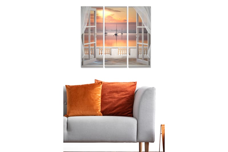 Trelerretsbilde 3-delt 50x70 cm - Utsikt gjennom et åpent vindu med seilbåter ved solnedgang - Oransje / Lyseblå / Hvit - Innredning - Bilder & kunst - Lerretsbilder