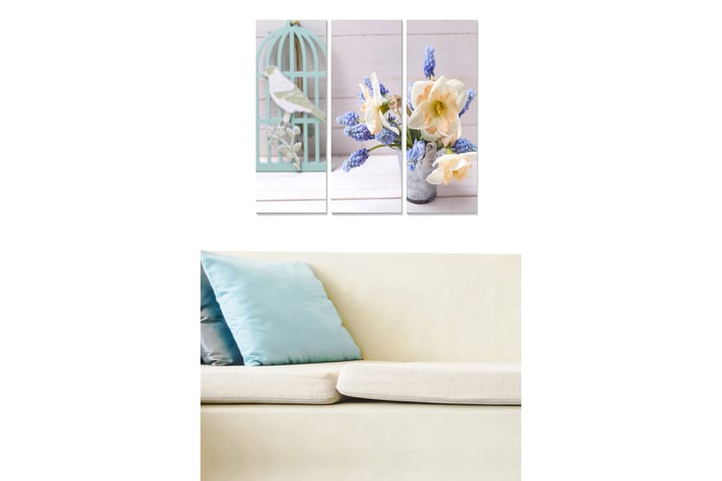 Trelerretsbilde 3-delt 50x70 cm - Vakker blomsterbukett med en fugl i bur, Lyseblå / Hvit / Gul