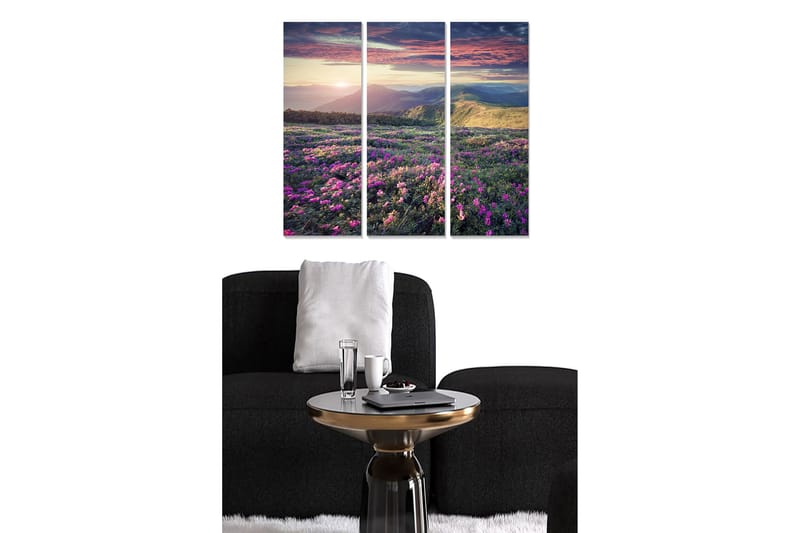 Trelerretsbilde 3-delt 50x70 cm - Vakker blomstereng med fargerike blomster og fjerne fjell ved solnedgang, Lilla / Grønn / Oransje