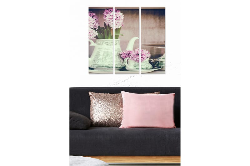 Trelerretsbilde 3-delt 50x70 cm - Vakker bukett med hyasinter i en dekorativ mugge, Lilla / Grønn / Hvit