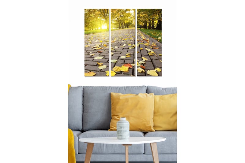 Trelerretsbilde 3-delt 50x70 cm - Vakker høsttur med gule blader på en asfaltert vei, Gul / Brun / Grønn