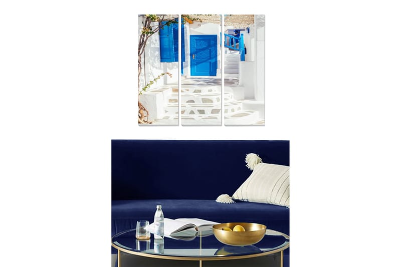 Trelerretsbilde 3-delt 50x70 cm - Vakker hvit bygning med blå dører og trapper i solrike omgivelser, Blå / Hvit