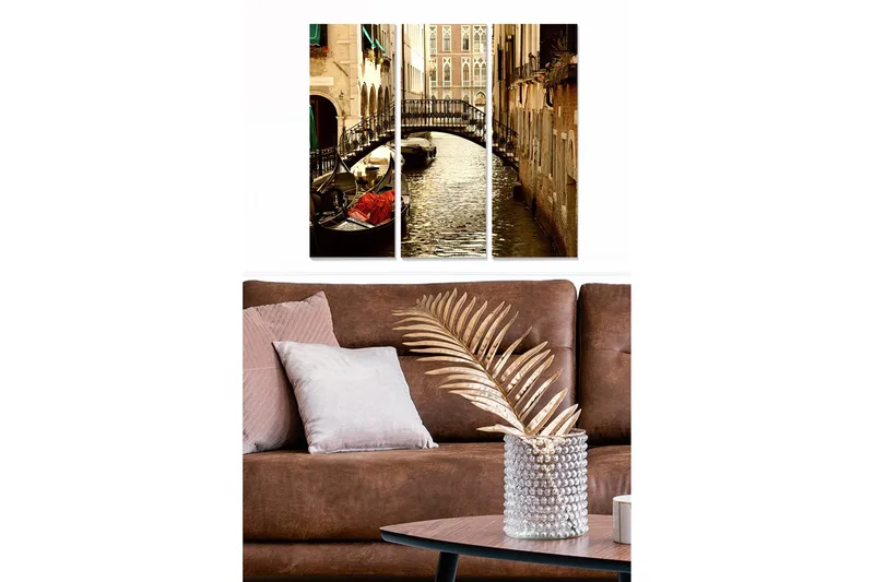 Trelerretsbilde 3-delt 50x70 cm - Vakker kanal med gondol og bro i venetiansk setting, Brun / Gull / Grønn