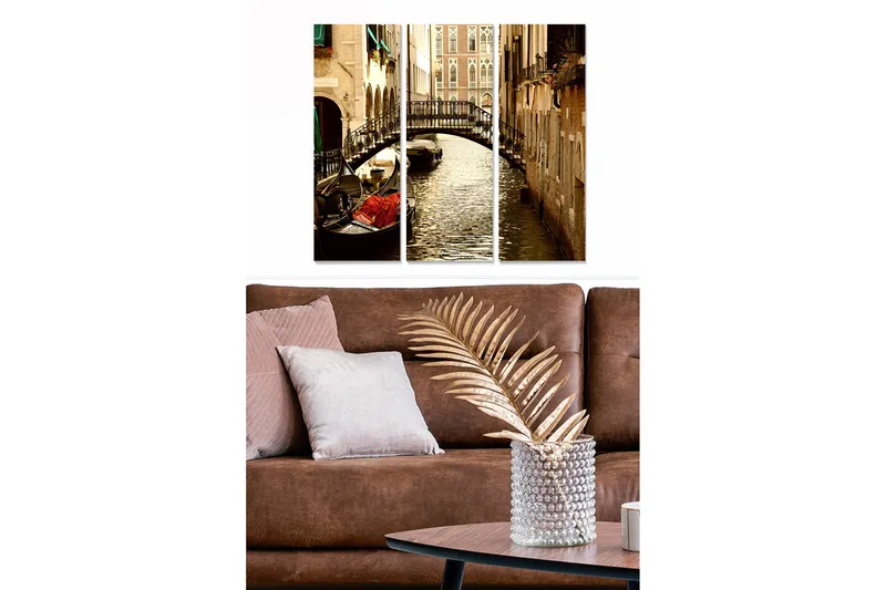 Trelerretsbilde 3-delt 50x70 cm - Vakker kanal med gondol og bro i venetiansk setting, Brun / Gull / Grønn