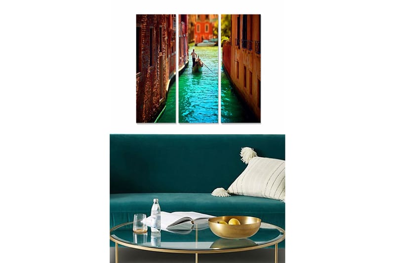 Trelerretsbilde 3-delt 50x70 cm - Vakker kanal med gondolbane i italiensk bymiljø, Turkis / Oransje / Brun