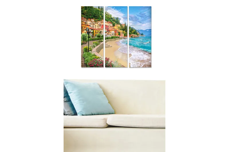 Trelerretsbilde 3-delt 50x70 cm - Vakker kystlinje med fargerike hus og strand, Grønn / Blå / Oransje
