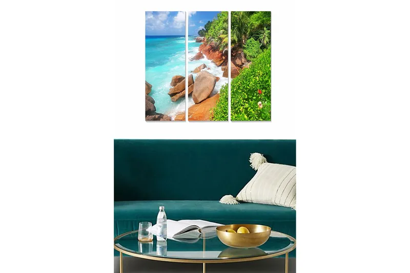 Trelerretsbilde 3-delt 50x70 cm - Vakker kystlinje med klipper og turkis hav, Turkis / Grønn / Brun