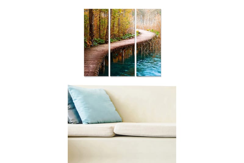 Trelerretsbilde 3-delt 50x70 cm - Vakker tursti gjennom en høstskog ved vannet, Brun / Grønn / Blå
