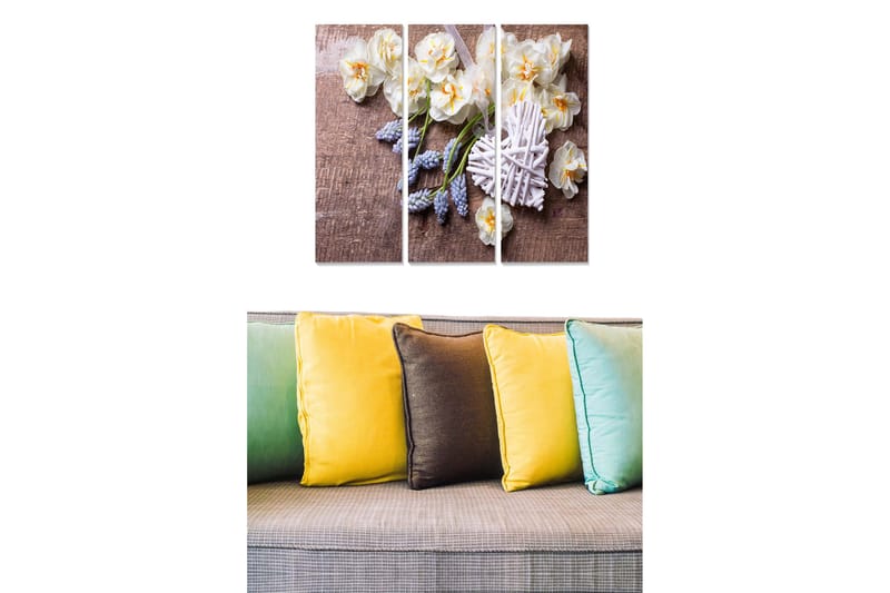 Trelerretsbilde 3-delt 50x70 cm - Vakkert arrangement av hvite blomster med lilla detaljer, Hvit / Lilla / Beige