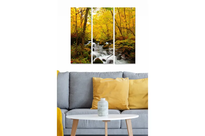 Trelerretsbilde 3-delt 50x70 cm - Vakkert høstlandskap med gylne trær og rislende bekk, Gull / Grønn / Brun