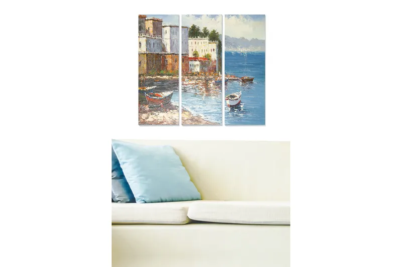 Trelerretsbilde 3-delt 50x70 cm - Vakkert kystlandskap med båter i en fargerik havn, Blå / Hvit / Brun