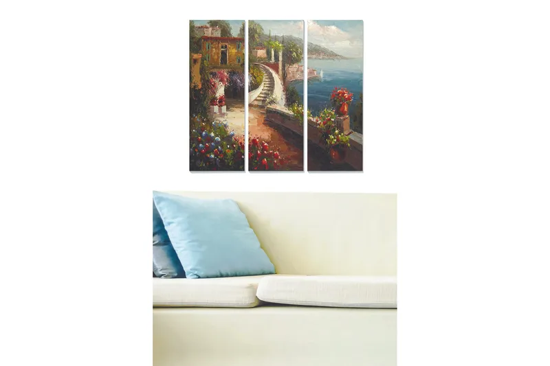 Trelerretsbilde 3-delt 50x70 cm - Vakkert kystlandskap med blomster og en svingete vei ved sjøen, Grønn / Blå / Rød