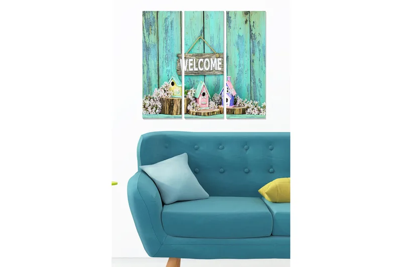 Trelerretsbilde 3-delt 50x70 cm - Vakre fuglehus med blomster og et velkomstskilt - Turkis / Rosa / Hvit - Innredning - Bilder & kunst - Lerretsbilder