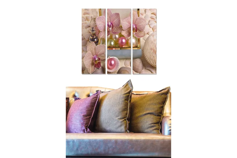 Trelerretsbilde 3-delt 50x70 cm - Vakre orkideer i en elegant komposisjon med perler og skjell, Lys rosa / Beige / Grønn