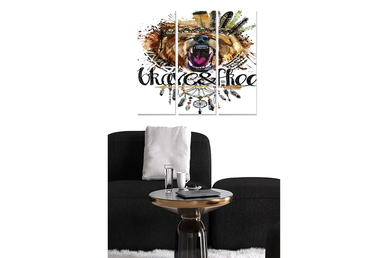 Trelerretsbilde 3-delt 50x70 cm - Villbjørn med fargerike fjær og ornamentikk, Brun / Svart / Oransje