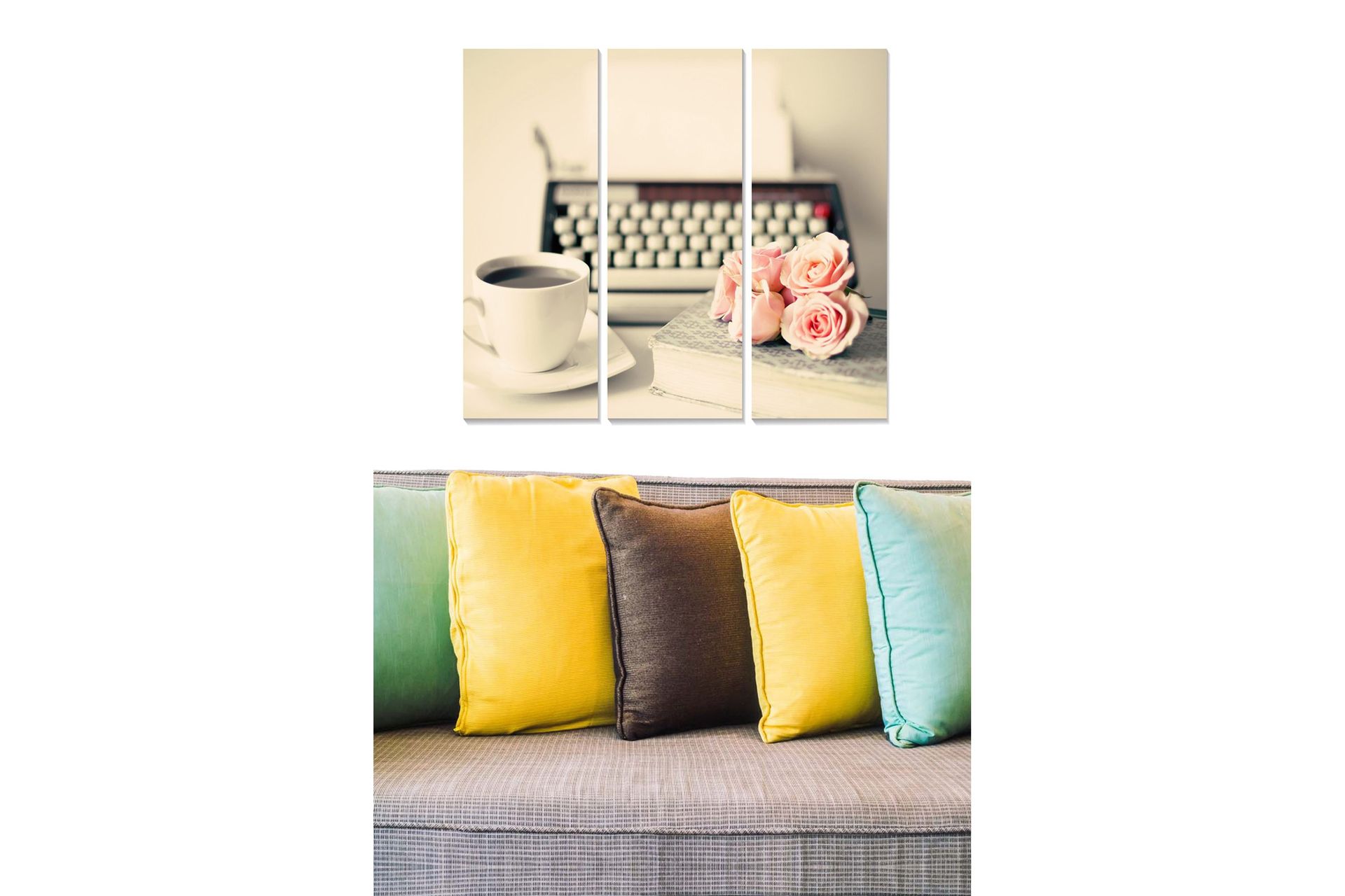 Trelerretsbilde 3-delt 50x70 cm - Vintage skrivemaskin med kaffekopp og roser - Rosa / Hvit / Gr&aring;