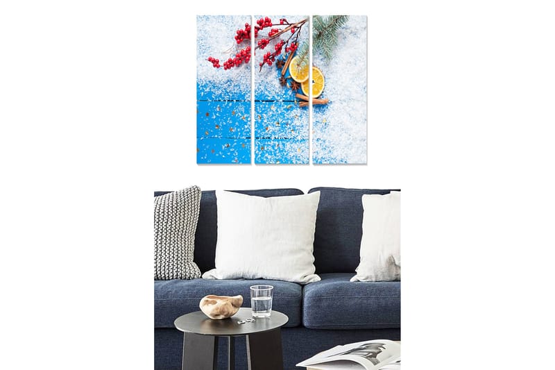Trelerretsbilde 3-delt 50x70 cm - Vinterstillhet med bær, appelsinskiver og kanelstenger, Blå / Rød / Hvit