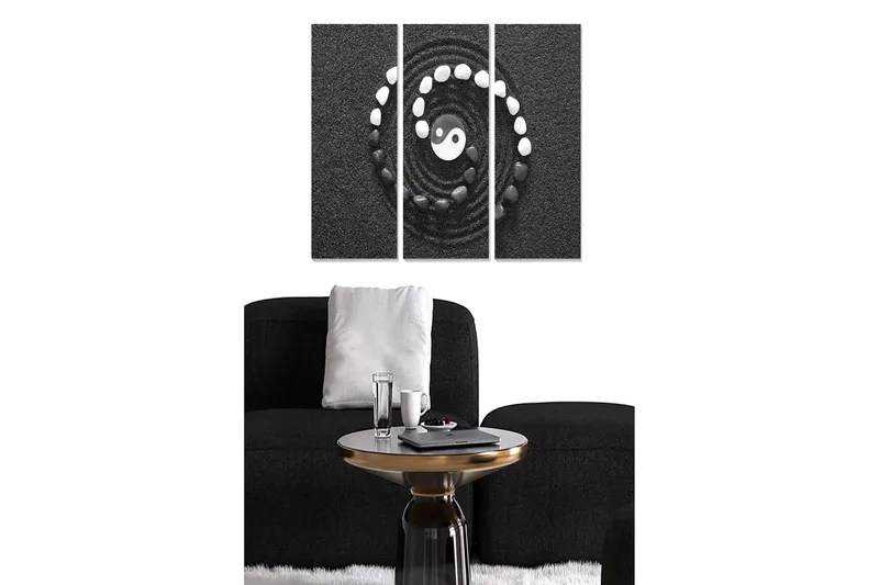 Trelerretsbilde 3-delt 50x70 cm - Yin og Yang-symbolet i spiralform med steiner på svart bakgrunn, Svart / Hvit / Grå