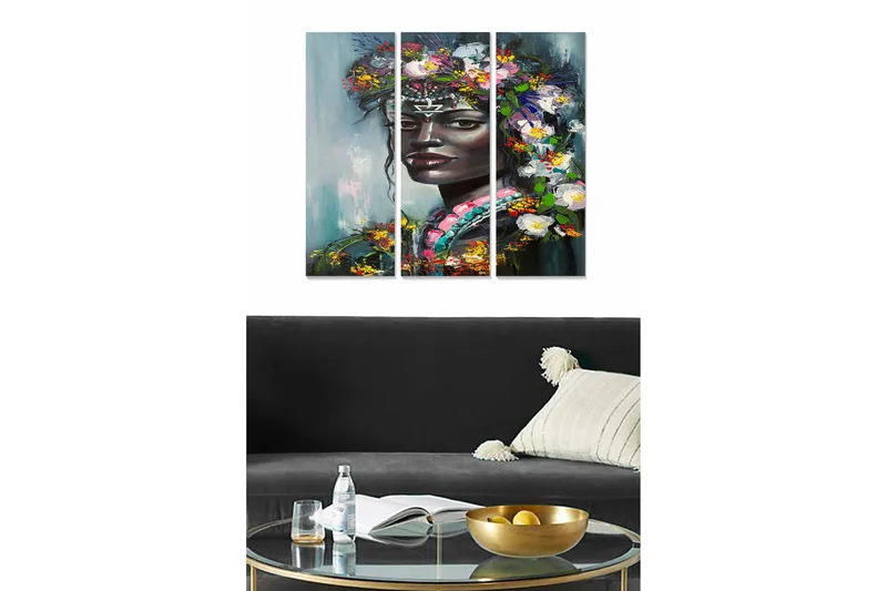 Trelerretsbilde 3-delt 50x70 cm - Portrett av en kvinne med blomster i håret - Mørk grønn / Hvit / Rosa - Innredning - Bilder & kunst - Lerretsbilder