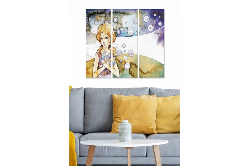 Trelerretsbilde 3-delt 50x70 cm - Portrett av en kvinne med blomster i hendene og flytende sirkler rundt henne, Lys blå / Beige / Lilla
