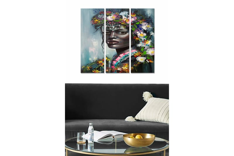 Trelerretsbilde 3-delt 50x70 cm - Portrett av en kvinne med blomster i håret, Mørk grønn / Hvit / Rosa