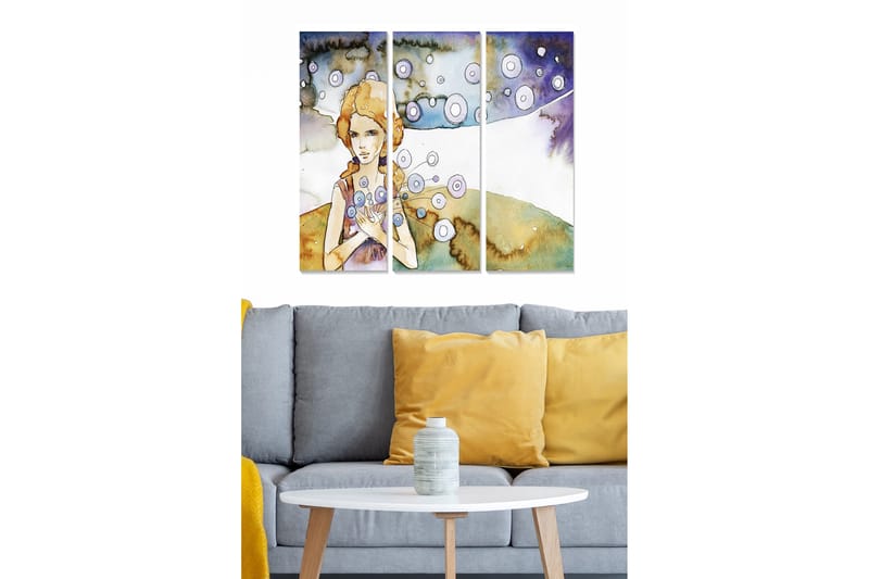 Trelerretsbilde 3-delt 50x70 cm - Portrett av en kvinne med blomster i hendene og flytende sirkler rundt henne, Lys blå / Beige / Lilla