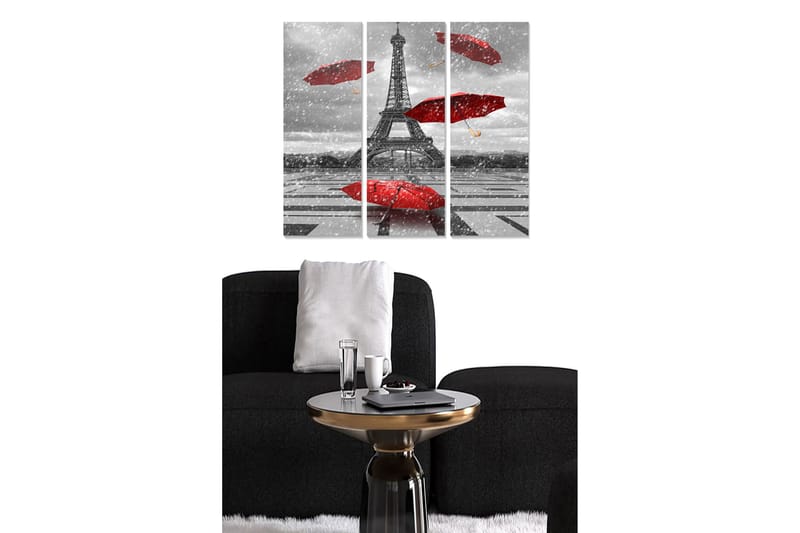 Trelerretsbilde i tre, 3 deler, 50x70 cm - Eiffeltårnet omgitt av røde paraplyer i et gråtonemiljø, Rød / Grå