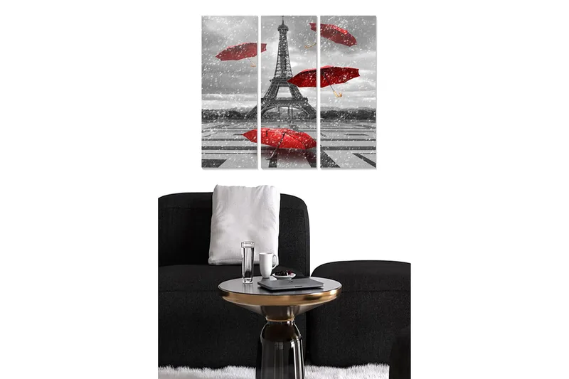 Trelerretsbilde i tre, 3 deler, 50x70 cm - Eiffeltårnet omgitt av røde paraplyer i et gråtonemiljø, Rød / Grå