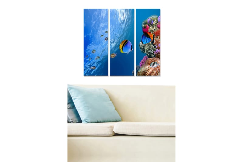 Trelerretsbilde i tre, 3 deler, 50x70 cm - Fargerik undervannsscene med korallrev og tropiske fisker, Blå / Oransje / Lilla