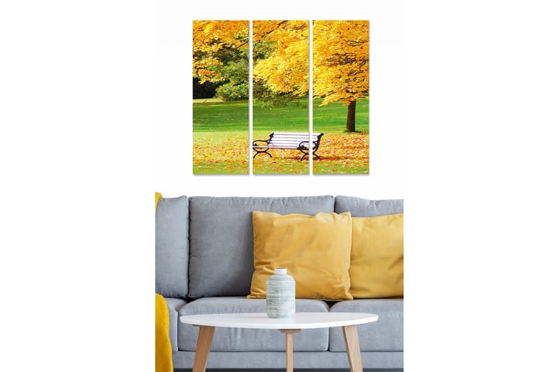 Trelerretsbilde i tre, 3 deler, 50x70 cm - Høstlandskap med benk omgitt av gyldne løvtrær, Gull / Grønn